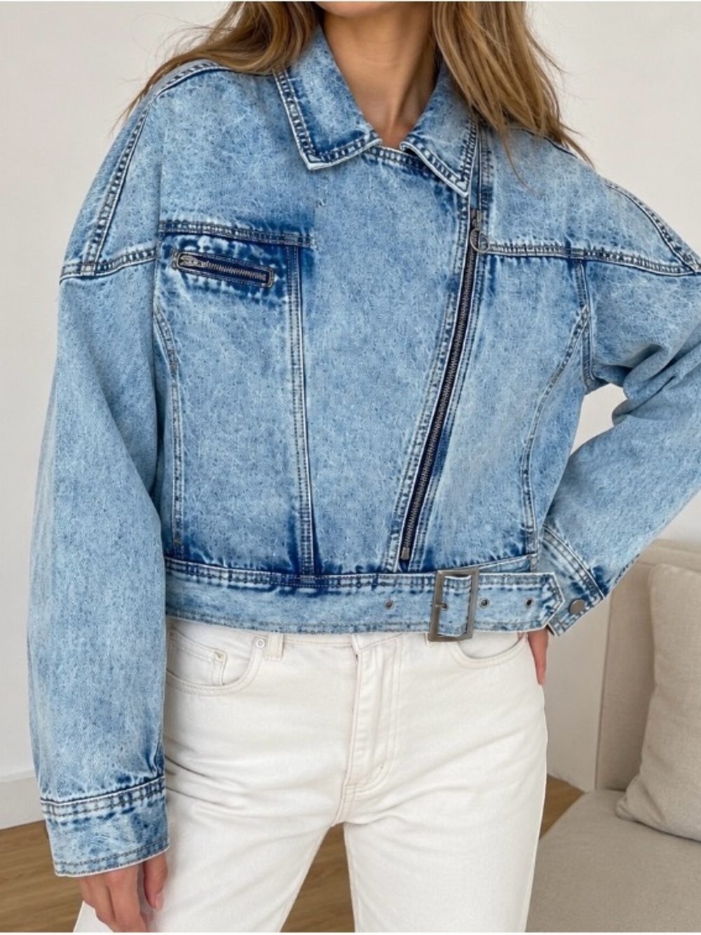 Q2 Light Blue Acid-Wash Denim Jacket